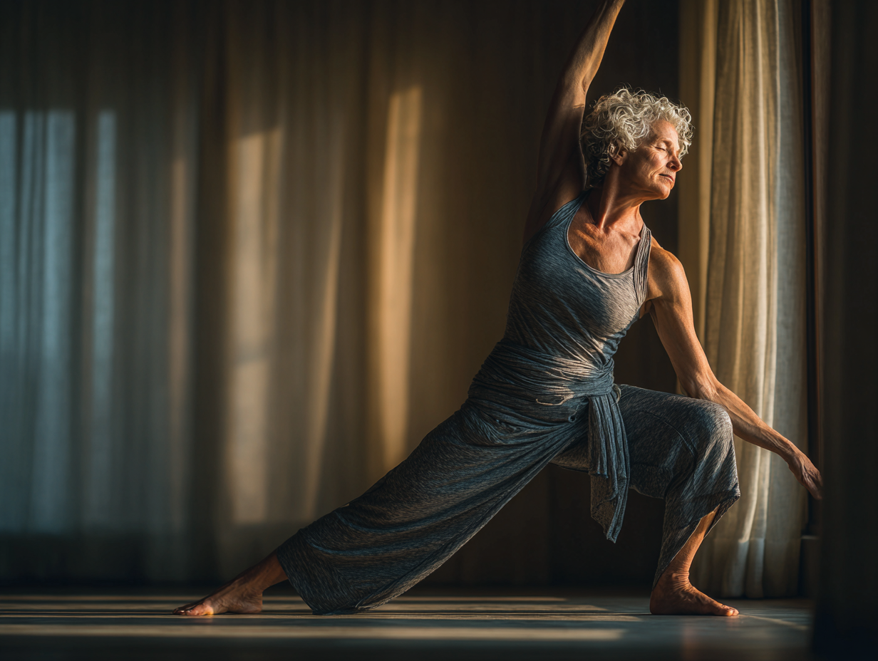 Instructori certificați darnovell demonstrând exerciții de yoga pentru seniori