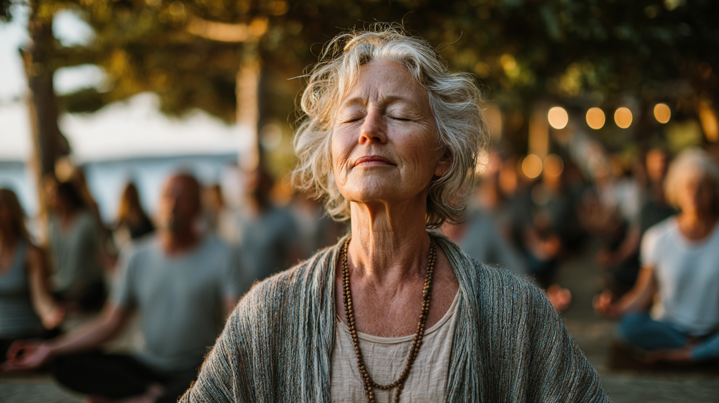 Grup de seniori practicând yoga într-un cadru liniștit și natural